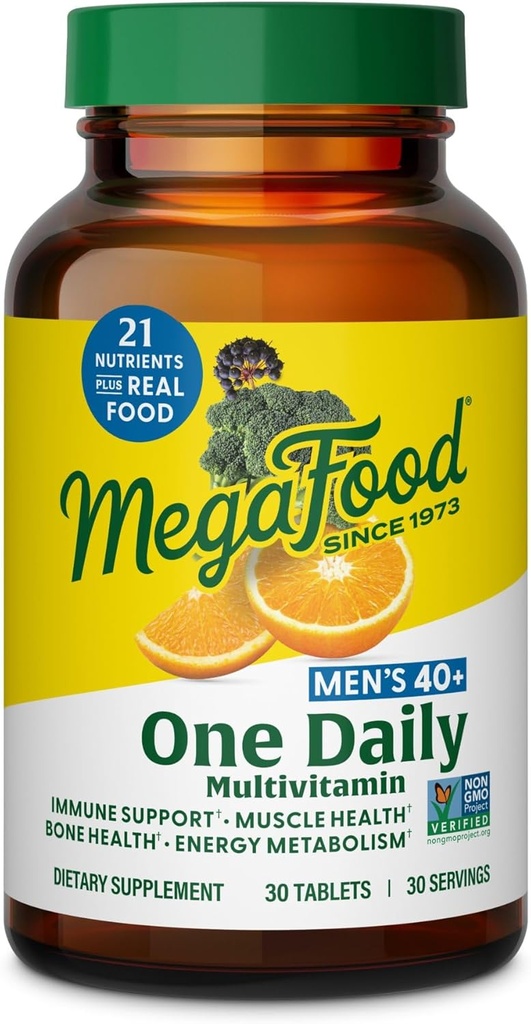 MegaFood Mænds 40 + One Daily Multivitamin for mænd med vitamin B, vitamin D3, Selenium, Zink & Real Food - immunforsvar, energi stofskifte, og muskel & ben sundhed - ikke GMO; Vegetar - 30 Tabs