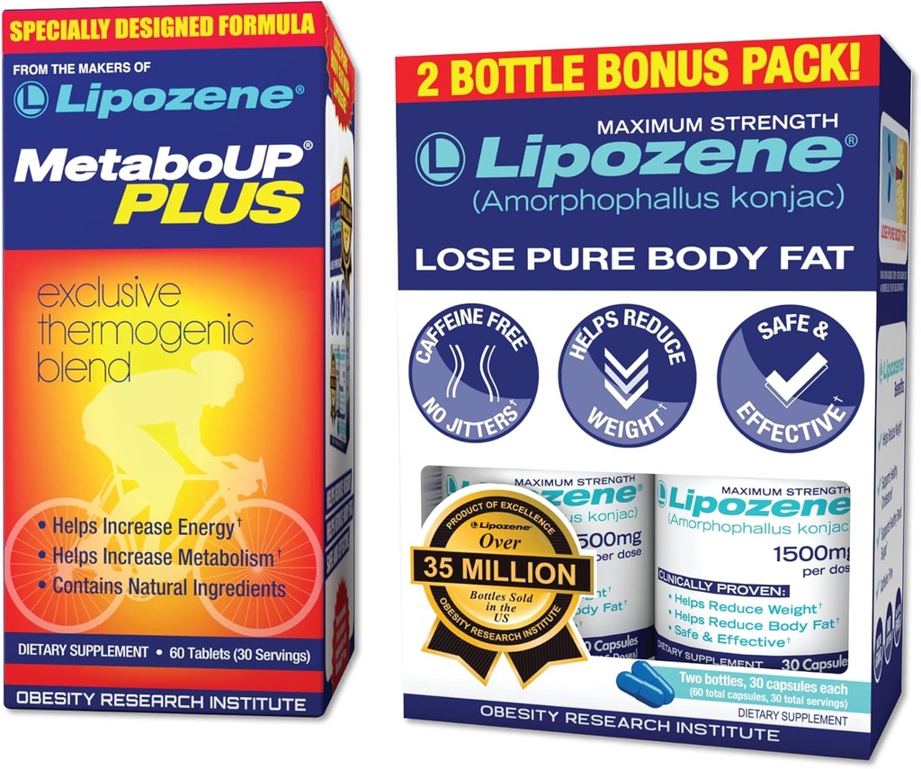 Lipozen vægttab piller Dobbelt pakke og MetaboUp Plus termogent supplement - Appetite Suppressant