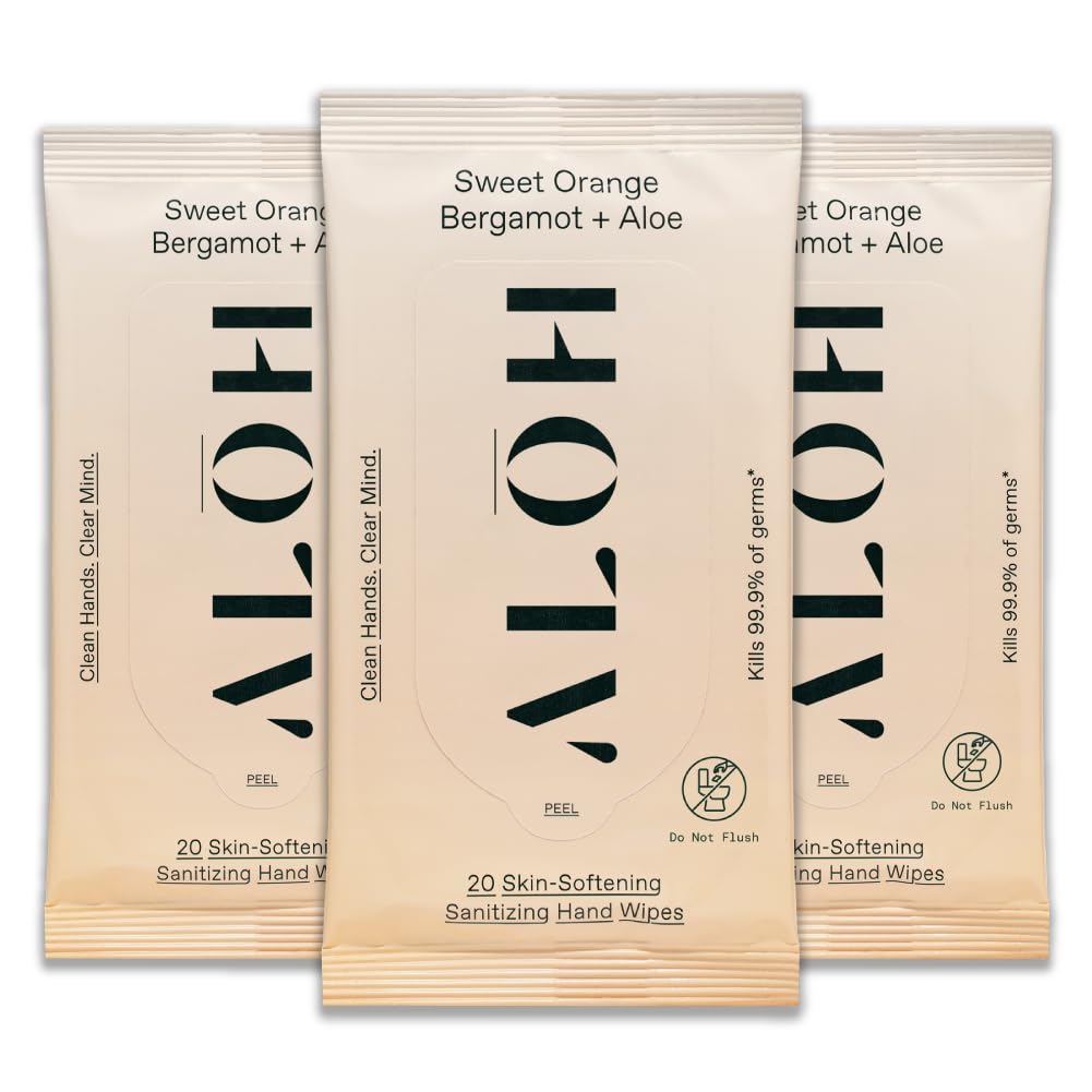 Allysh Sweet Orange Bergamot + Aloe Sanitizing Håndservietter - Clean Hands, Clear Mind - On The Go Hand Sanitizing servietter til børn og voksne - Rejsestørrelse 3 Pack 20ct servietter (60 servietter)
