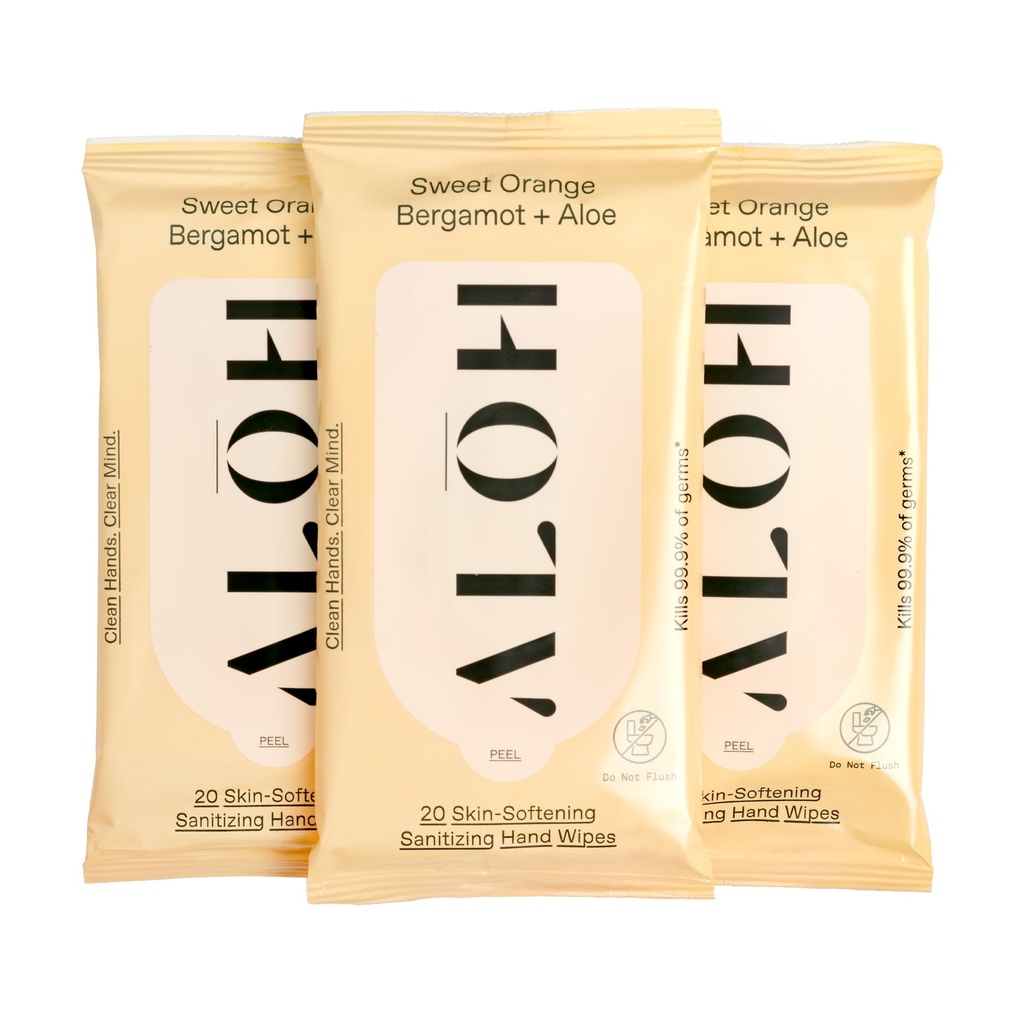 Allysh Sweet Orange Bergamot + Aloe Sanitizing Håndservietter - Clean Hands, Clear Mind - On The Go Hand Sanitizing servietter til børn og voksne - Rejsestørrelse 3 Pack 20ct servietter (60 servietter)
