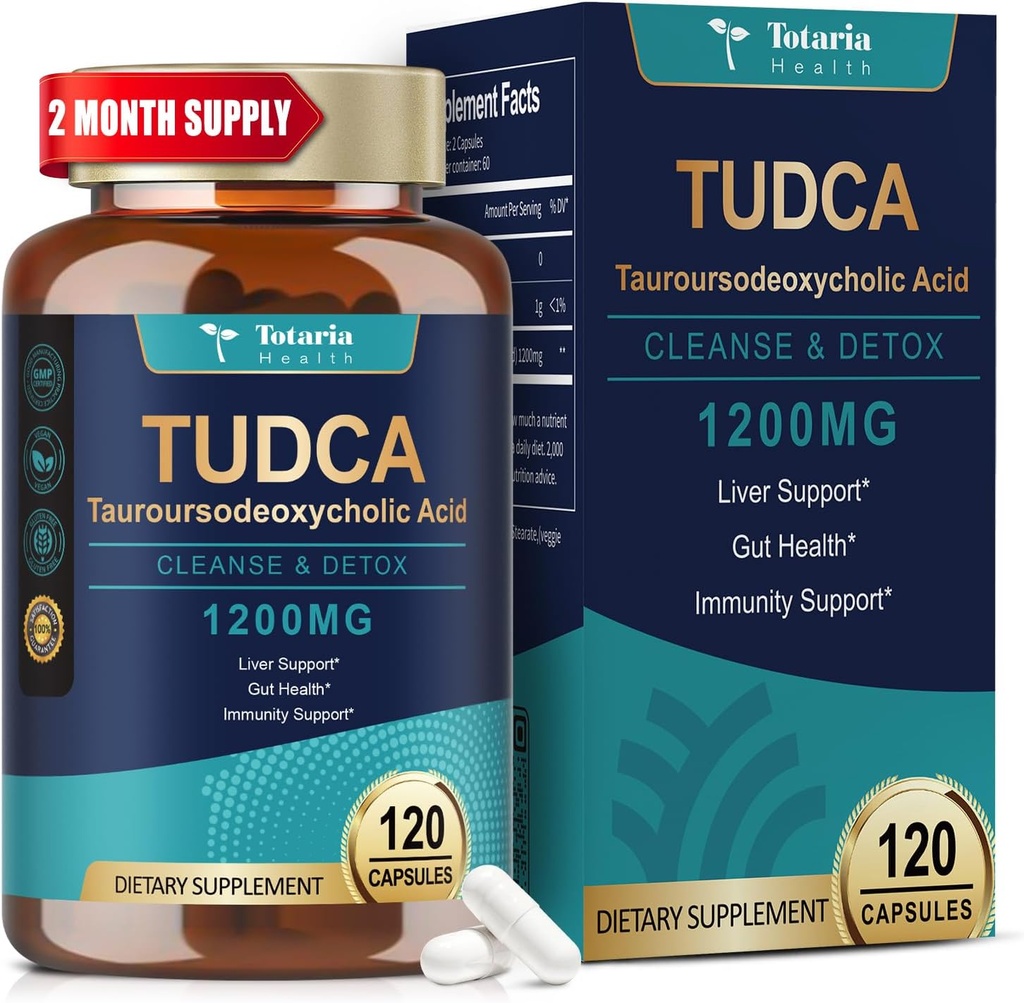 Totaria TUDCA Supplement 1200mg (Tauroursodeoxycholsyre), 120 kapsler, Ultra Styrke TUDCA Bile Salte Leverkosttilskud, Pure Tudca til lever og galdeblære Reparation, Gut sundhed