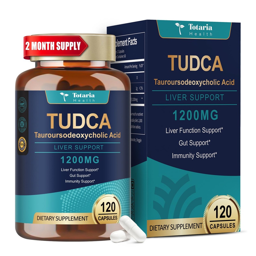 Totaria TUDCA Supplement 1200mg (Tauroursodeoxycholsyre), 120 kapsler, Ultra Styrke TUDCA Bile Salte Leverkosttilskud, Pure Tudca til lever og galdeblære Reparation, Gut sundhed