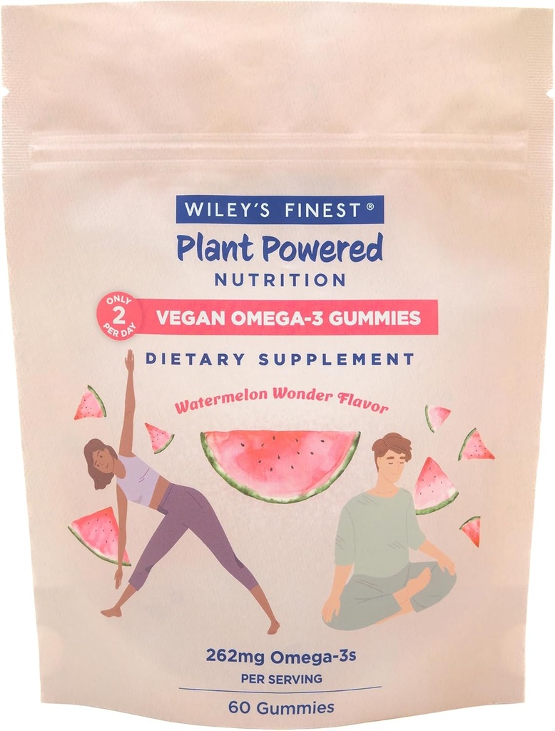 Wiley 's Finest Vegan Omega-3 Gummies - Natural Sugar - Vegetarisk Dha, Ala & Sda - Gluten Free - Watermelon Flavor, 60 Gummies