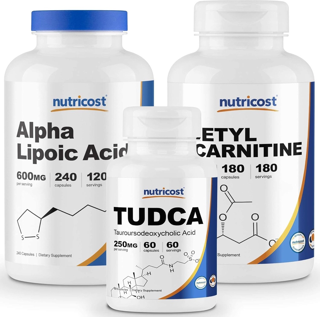 Nutricost Alpha Lipoic Acid 600 mg, 240 Caps & Tudca 250mg, 60 Caps & Acetyl L- Carnitin 500mg, 180 Caps