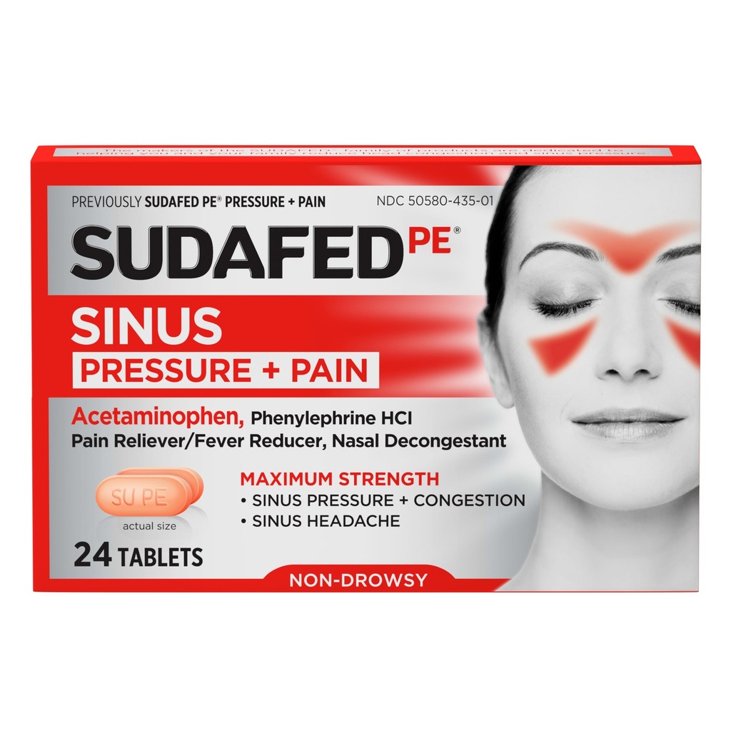 Sudafed PE Sinus Tryk + smertestillende tabletter, maksimal styrke, non- Drowsy, OTC Sinus Relief Medicin med Acetaminophen Pain Reliever & Phenylephrin HCl Nasal Decongestant, 24 ng