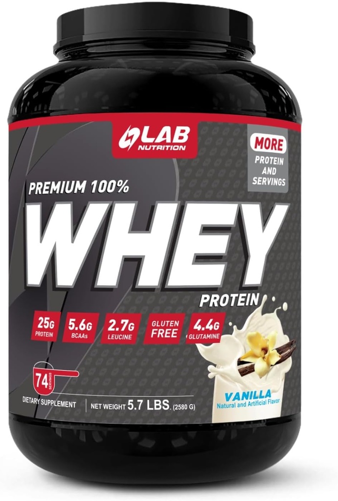 Lab Nutrition Premium, 100% Whey Protein Powder, Build muscl, Gluten Free, 25 g Protein, Lækker Vainilla Flavor, 5,7 Lbs - 74 Servering.