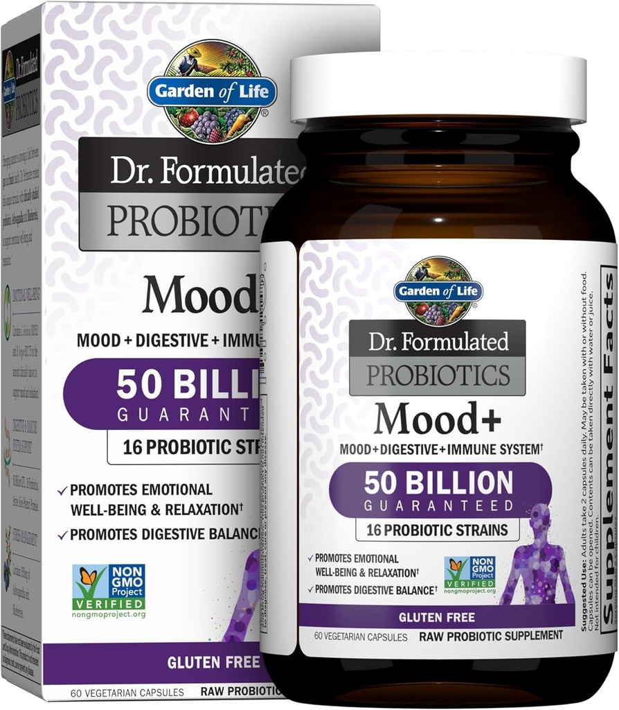 Livets have Dr. Formuleret Probiotika Mood + Acidophilus Probiotisk supplement - fremmer afslapning og fordøjelsesbalance - Ashwagandha til stresshåndtering - Ikke GMO, Gluten Free - 60 Veggie Caps