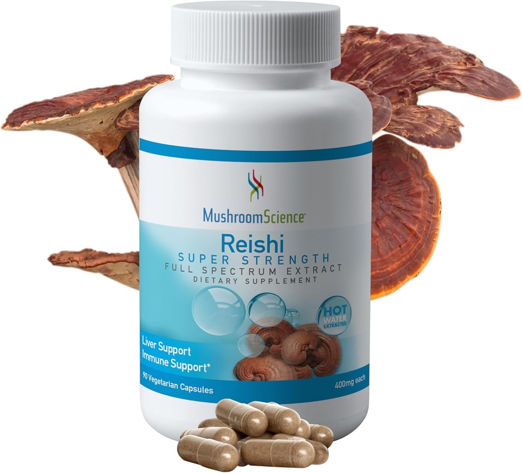 MushroomScience Reishi Mushroom Capsules, Super Strength Full Spectrum Extract, Natural Mushroom Supplement for voksne, Varmt vand Udtrukket Svampe, Sundhedsstøtte, Vegetarisk, 400MG, 90 CT