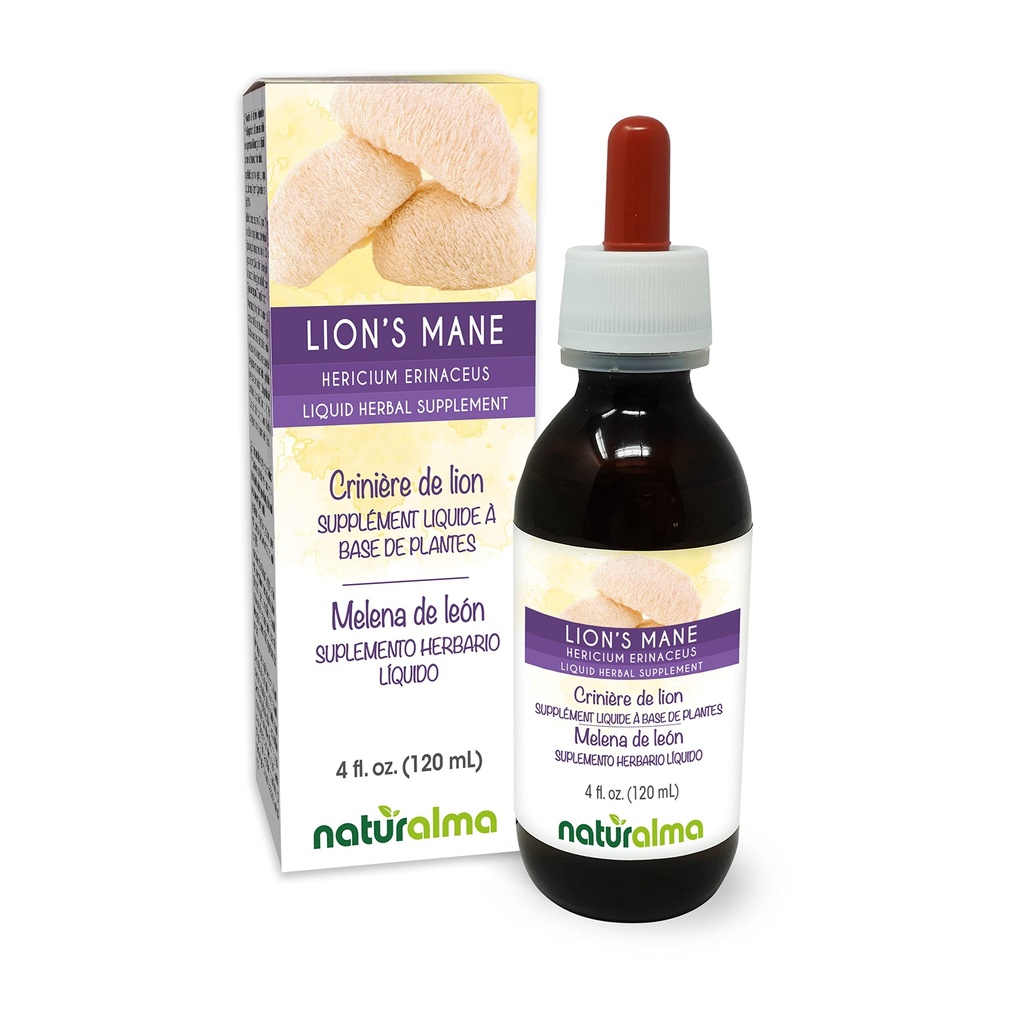 Naturalma Lions Mane (Hericium erinaceus) Svampe eller champignon Alkoholfri tinktur - 4 fl oz flydende ekstrakt i dråber - Urtetilskud - Vegan