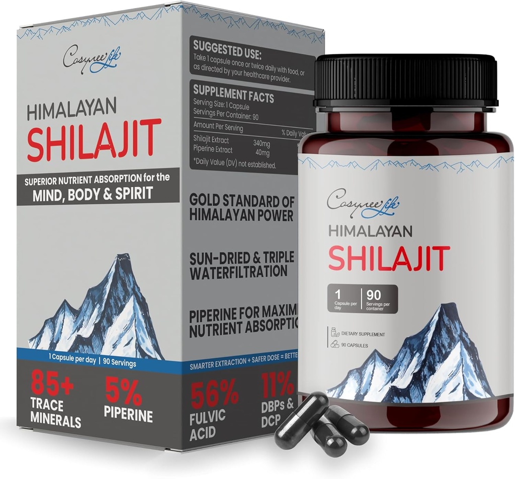 cosynee Himalayan Shilajit - Shilajit Kapsler, Shilajit for Mænd, Shilajit for Kvinder, 56% Fulvic Acid & 5% Piperine, 90 Caps