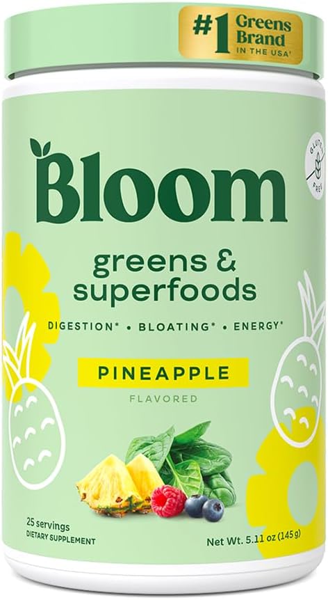 Bloom Nutrition Superfood Green Powder, fordøjelsesenzymer med Probiotika og Prebiotika, Gut Health, Bloating Relief for Women, Chlorella, Green Juice Mix med Beet Root Powder, 25 SVG, Ananas