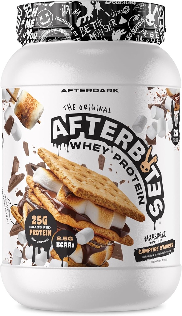 AFTERDARK AfterBites Whey Protein Powder, 25g Protein, 4.5g BCAA 's, Easy Opløsning, Ingen kunstige farver eller Fillers, Isolate Protein, USA Made, 26 Servere, Campfire Smores