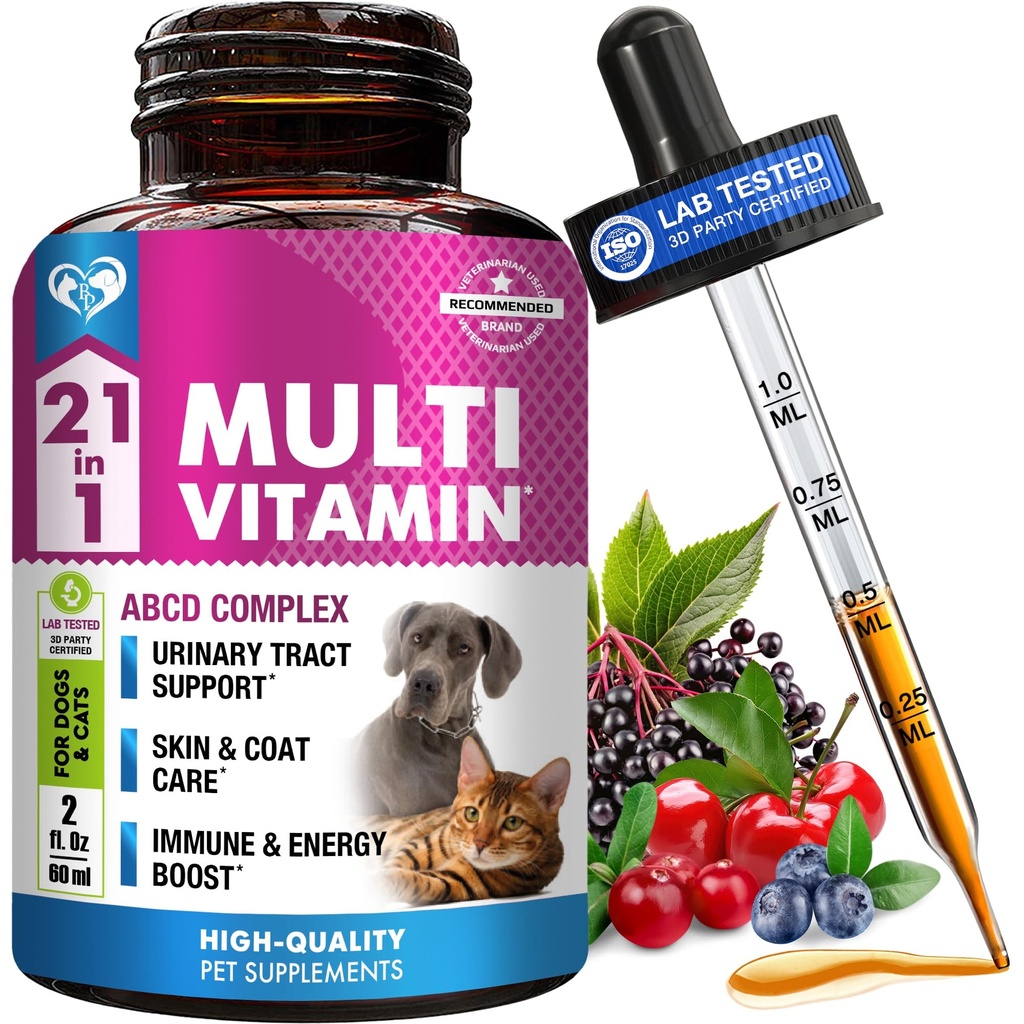 Kat & hund Multivitamin Væske med Glucosamin & Cranberry Medicine 124; 15 i 1 Health Supplements for Urinary Tract Nyre, Bstige, Hip & Joint, Skin & Coat Medicine 124; Natural UTI Medicine Made in USA (60 ml)