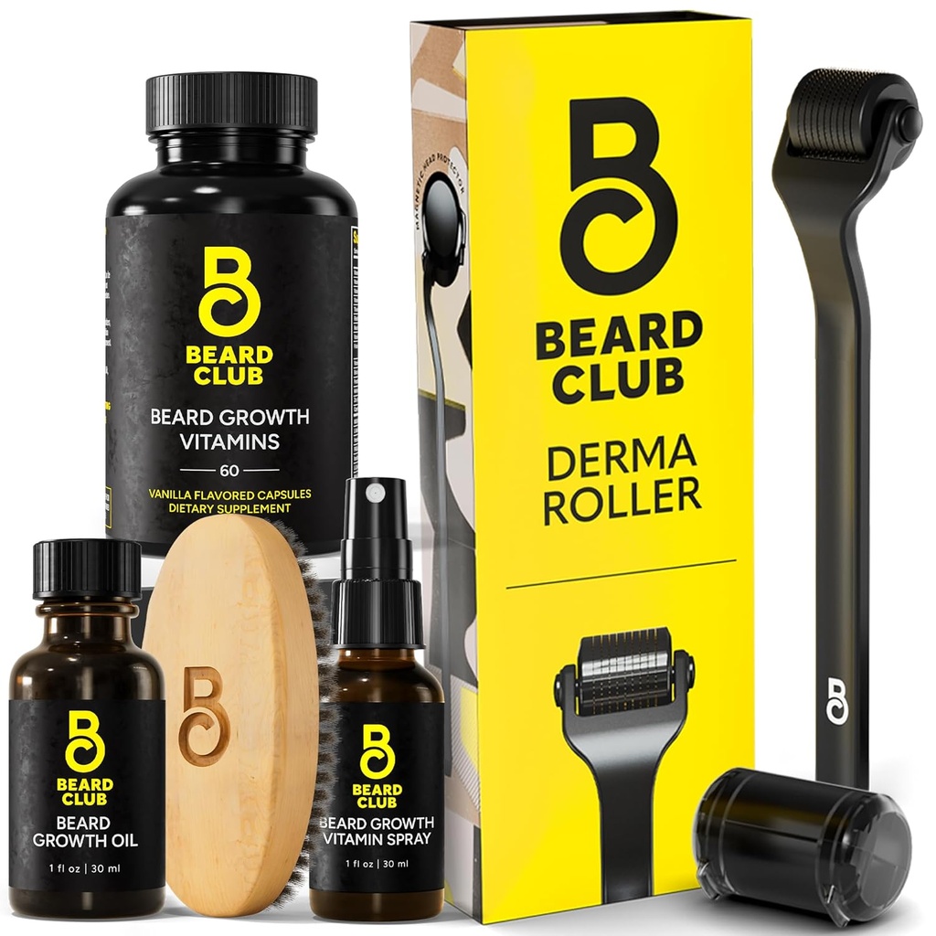 The Beard Club Derma Roller & Essential Beard Kit - Beard Roller, Beard Oil, Beard Spray, Beard Vitamin
