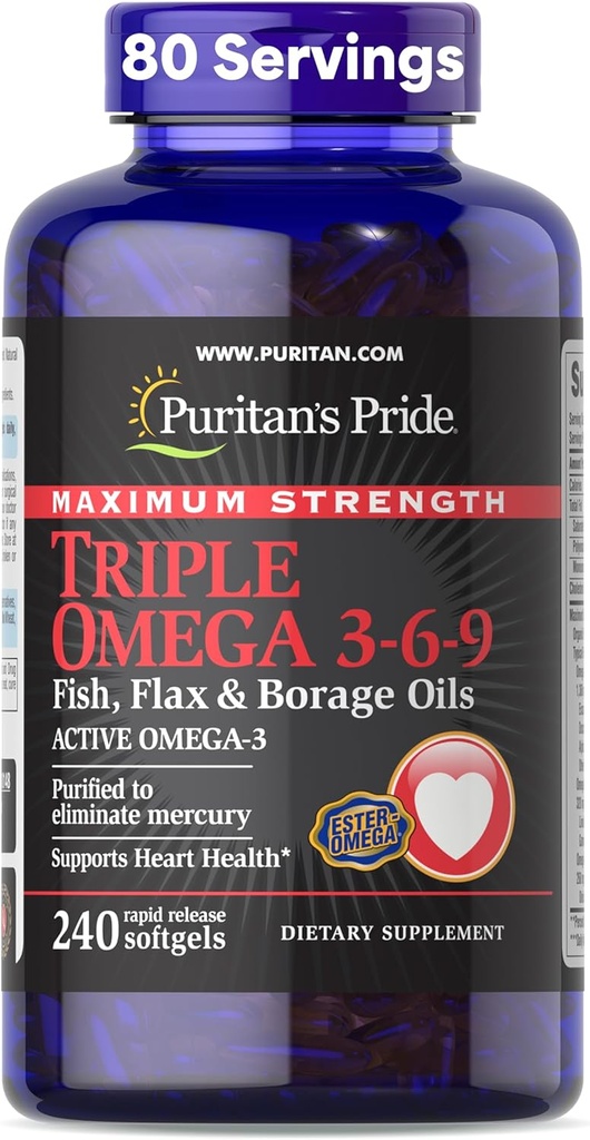 Puritan's Pride Premium Maximum Strength Triple Active Omega 3-6-9 Fish, Flax, and Borage Oils, Dietary Supplement for Heart, Joint, and Cellular Health Support, 240 Rapid Release Softgels