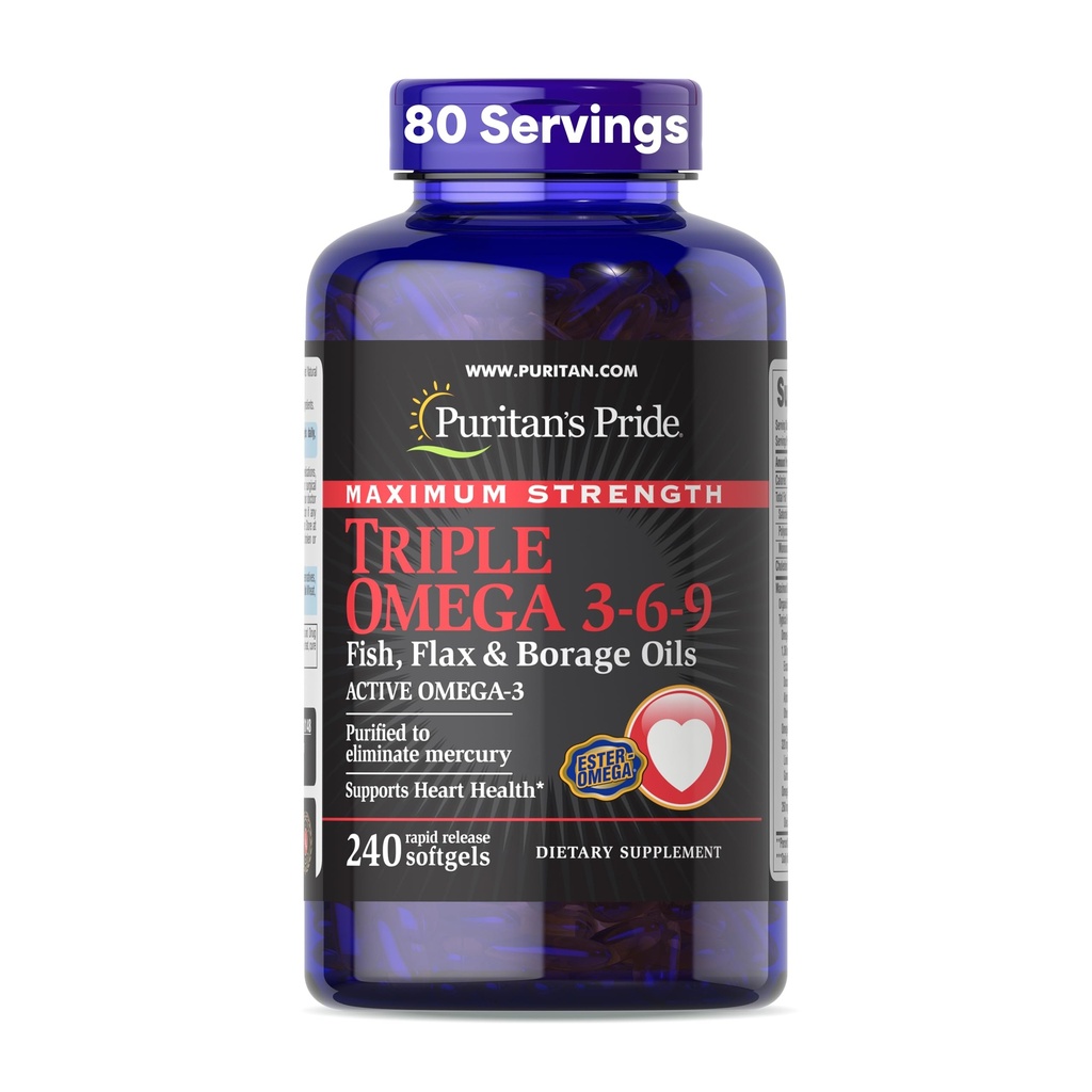 Puritans Pride Premium maksimal styrke Triple Active Omega 3-6-9 Fisk, Hør, og Borage Olier, Kosttilskud til hjerte, fælles, og cellulær sundhed støtte, 240 Rapid Release Softels