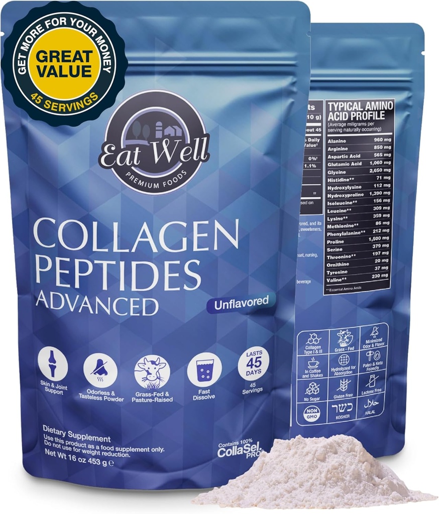 EAT WELL JPEP fødevarer Collagen Peptider Powder Protein 45 Servering, 16oz, Collagen til hud, ben og fælles støtte, Type I & III Græs Fed Collagen Kosttilskud til kvinder og mænd, Keto, Aminosyrer
