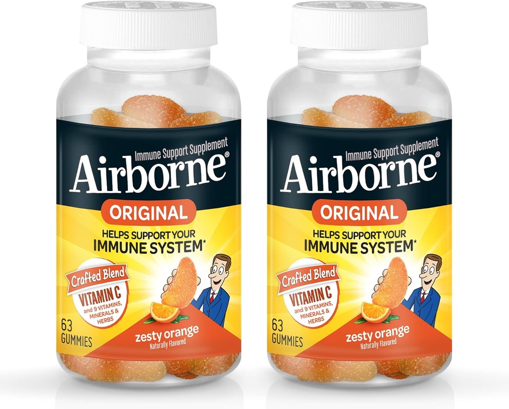 Airborne 750mg C-vitamin immunsupport Gummies for voksne, Zeress Orange Flavor, Gluten Free Crafted Blend med stærke antioxidanter Vitaminer A C & E, 63 Gummies (2 Pack)
