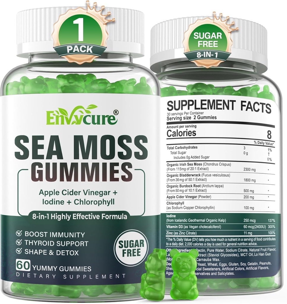 1Pack Sea Moss Gummies Sugar- Free, Extra Strength Irish Moss Gel Supplement med jod, Chlorophyll, Ufiltreret ACV, D3, Burdock Root, Bladderwrack til immunforsvar, fordøjelsesbesvær, hud, hår, Det Mexx, Vegan