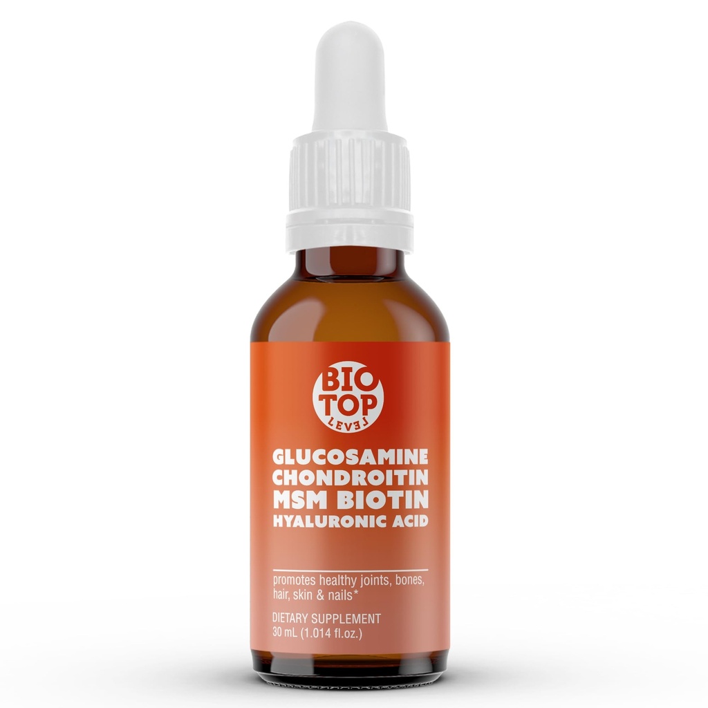 Flydende glucosamin, chondroitin, MSM, biotin, hyaluronsyre, alt i én formel for godt helbred af joints, knogler, hår, hud og negle