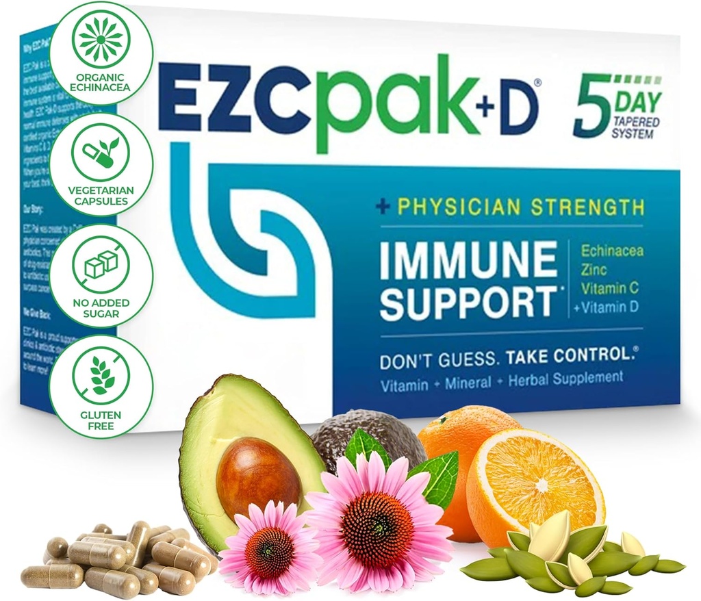 EZC Pak 5-Day immunsystem booster med Echinacea, C-vitamin, Zink & D-vitamin - tapered immunsupport supplement til voksne - understøtter Immunitet, Let Travel- Size Supplement Pack