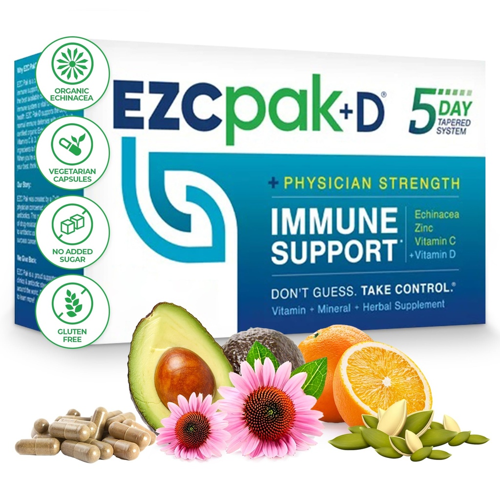 EZC Pak 5-Day immunsystem booster med Echinacea, C-vitamin, Zink & D-vitamin - tapered immunsupport supplement til voksne - understøtter Immunitet, Let Travel- Size Supplement Pack