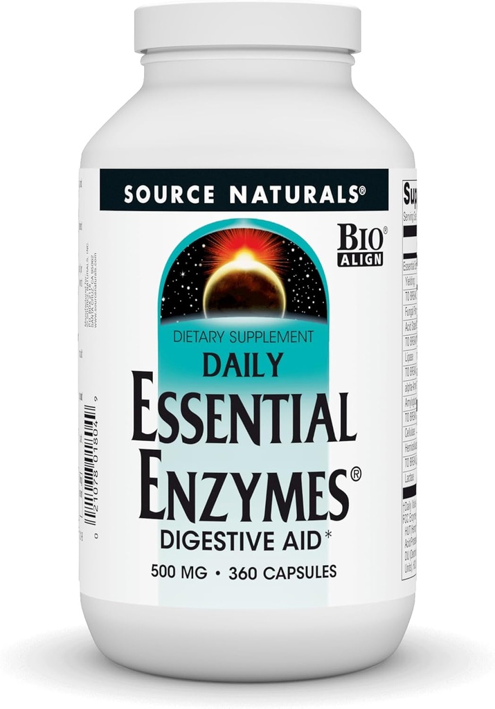 Source Naturals Essential Enzymes 500mg, Bio- Aligned Multiple Enzyme Supplement Herbal Defense for fordøjelse, gas, Forstoppelse & Bloating Relief - fordøjelseshjælp * - 360 kapsler, 360 Servere