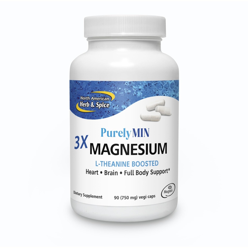 NORTH AMERICAN HERB & SPICE PuerlyMin - 90 Vegi Caps - Meget Absorbable Magnesium Complex + L- Theanine - 30 Servere