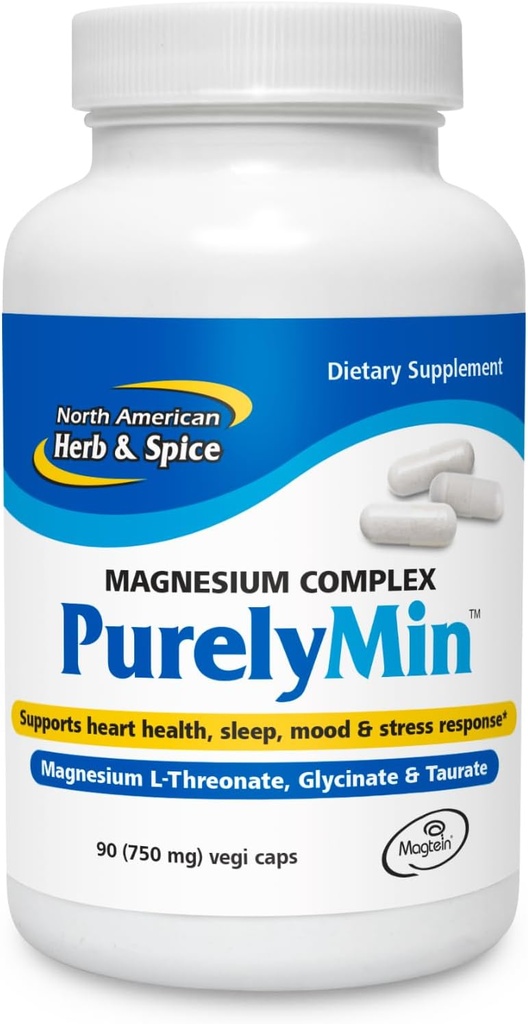 NORTH AMERICAN HERB & SPICE PuerlyMin - 90 Vegi Caps - Meget Absorbable Magnesium Complex + L- Theanine - 30 Servere