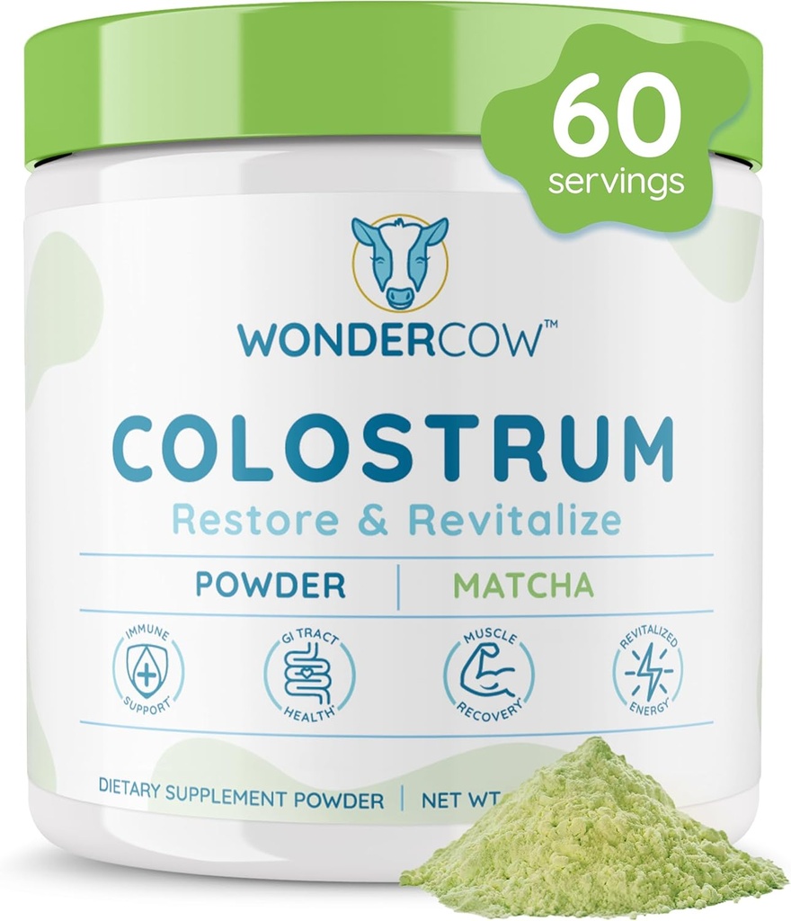 WONDERCOW Colostrum Supplement Powder for Gut Health, Immune Support, Muscle Recovery & Wellness | Natural IgG Pure Whole Bovine Colostrum Superfood, Matcha, 60 Servings