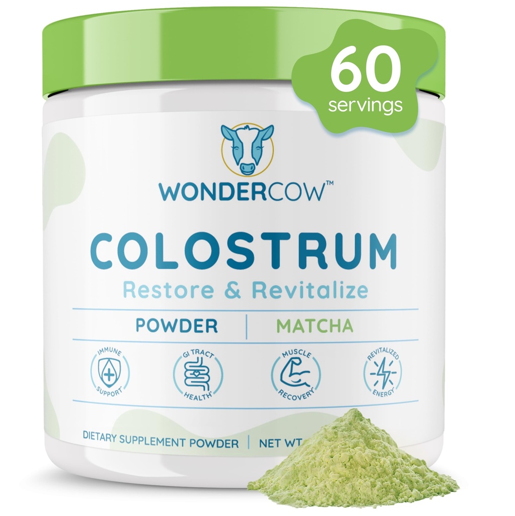 WONDERCOW Colostrum Supplement pulver til Gut sundhed, immunforsvar, Muscle Recovery & Wellness - 124; Natural IgG Pure Whole Bovine Colostrum Superfood, Matcha, 60 Servere