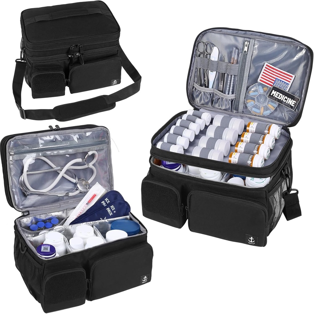 Dobbelt Layers Medicine Bag med isoleret kompartment pilleflaske Organizer med låsbar lynlås, Travel Medicine Organizer med bløde skulderstropper til pilleflasker, Medicinske forsyninger