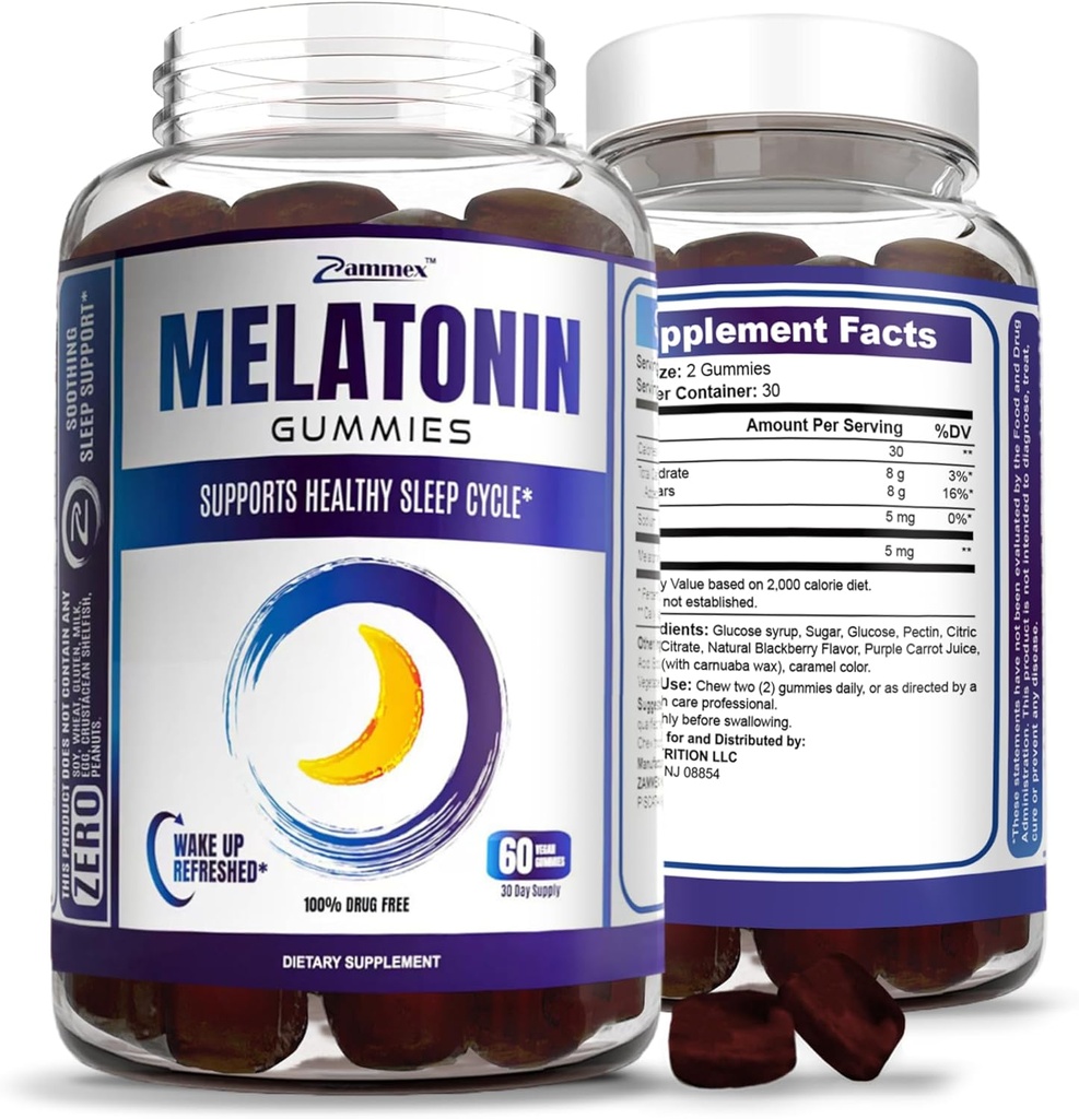 Zammex Melatonin Gummies 5mg Gummies 124; 60 Greve Gummies 124; Sleep Supplement for Voksen124; Drug Free Sleep Aid Gummy 124; Natural Berry Flavor; Vegan, Non- GMO, Gluten Free