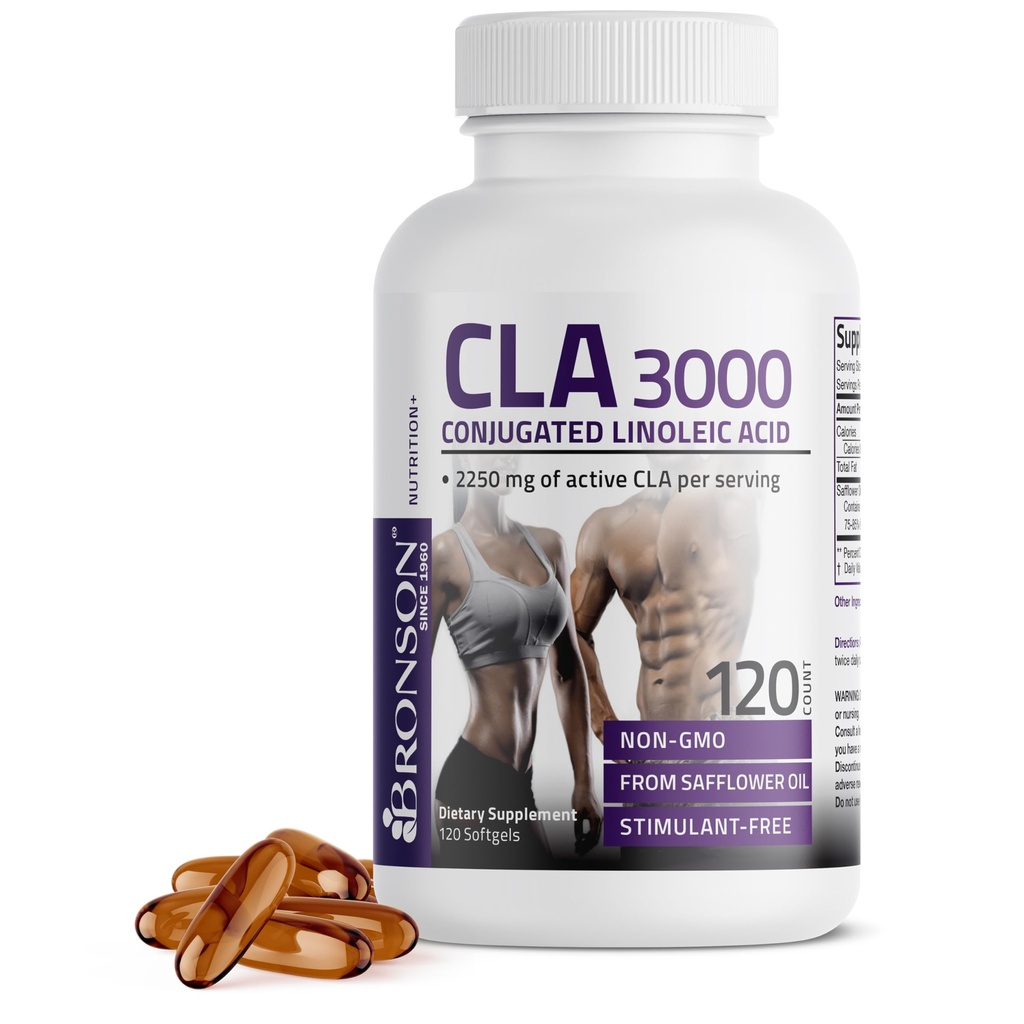 Bronson CLA 3000 Ekstra høj potens understøtter sund vægthåndtering Lean muskelmasse Non- Stimulering Conjugated linolsyre 120 Softgel