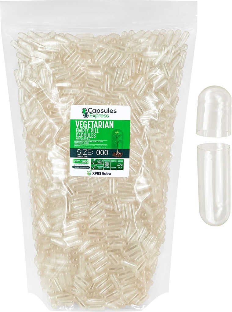 XPRS Nutra Størrelse 000 Tomme kapsler - Clear Tomme Veganske kapsler - Vegetariske piller - DIY vegetabilsk kapsel Fyldning - Veggie Pille Caps piller til Do- It- Yourself kosttilskud (5000)