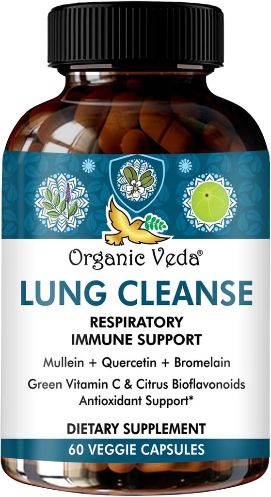 Økologisk Veda Mullein Gurkemeje Quercetin Lung Cleanse Kapsler - Kraftfulde Bioflavonoider, Superfrugt C-vitamin, bromelain, Mullein Leaf Extract - Bronchial & Clear Lungs Supplement - 60 Veganske piller