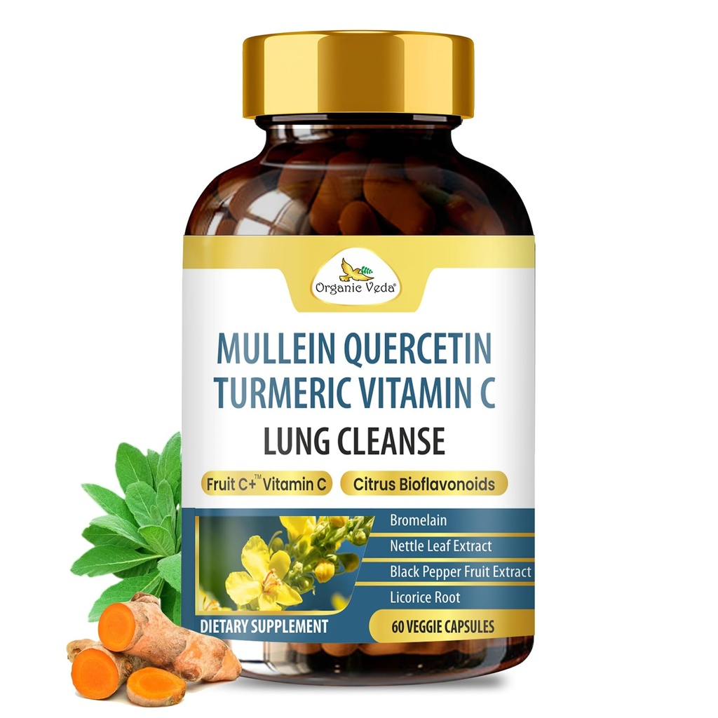 Økologisk Veda Mullein Gurkemeje Quercetin Lung Cleanse Kapsler - Kraftfulde Bioflavonoider, Superfrugt C-vitamin, bromelain, Mullein Leaf Extract - Bronchial & Clear Lungs Supplement - 60 Veganske piller