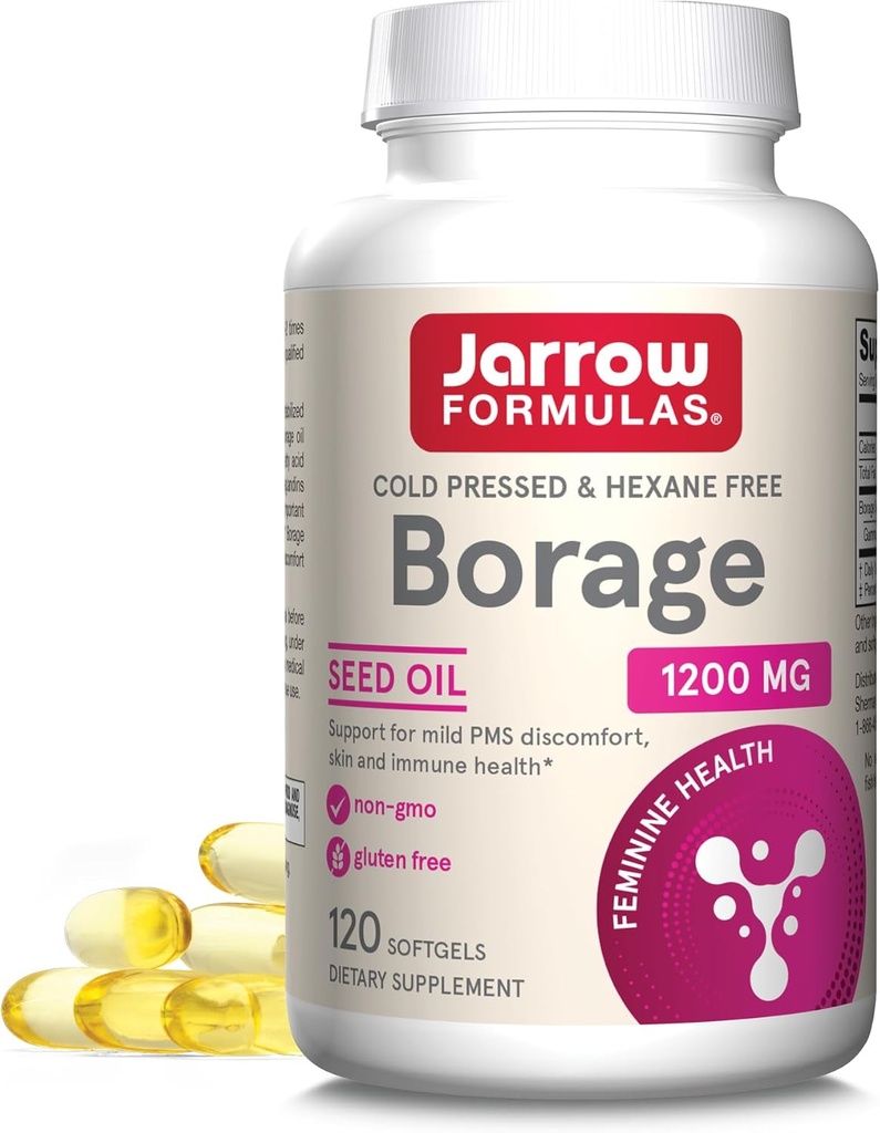 Jarrow Formulas Borage 1200 mg - 120 Softgels - Kilde til GLA - Borage Oil Supplement - for hud sundhed & immunsystem support, Mild PMS discomfort support - op til 120 Serveringer