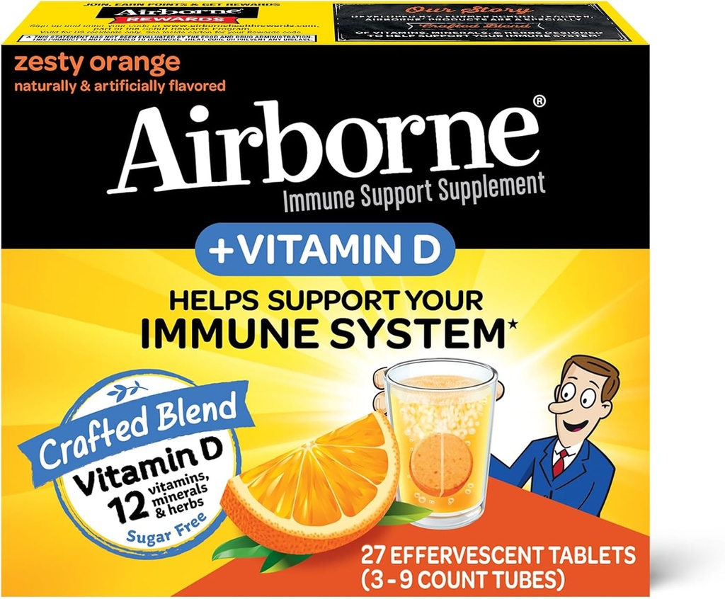 Airborne 750mg C-vitamin med Zink Effervescent tabletter, immunforsvar supplement med kraftige antioxidanter Vitaminer A C D3 & E - 27 Fizzy Drikke tabletter, Zeress Orange Flavor
