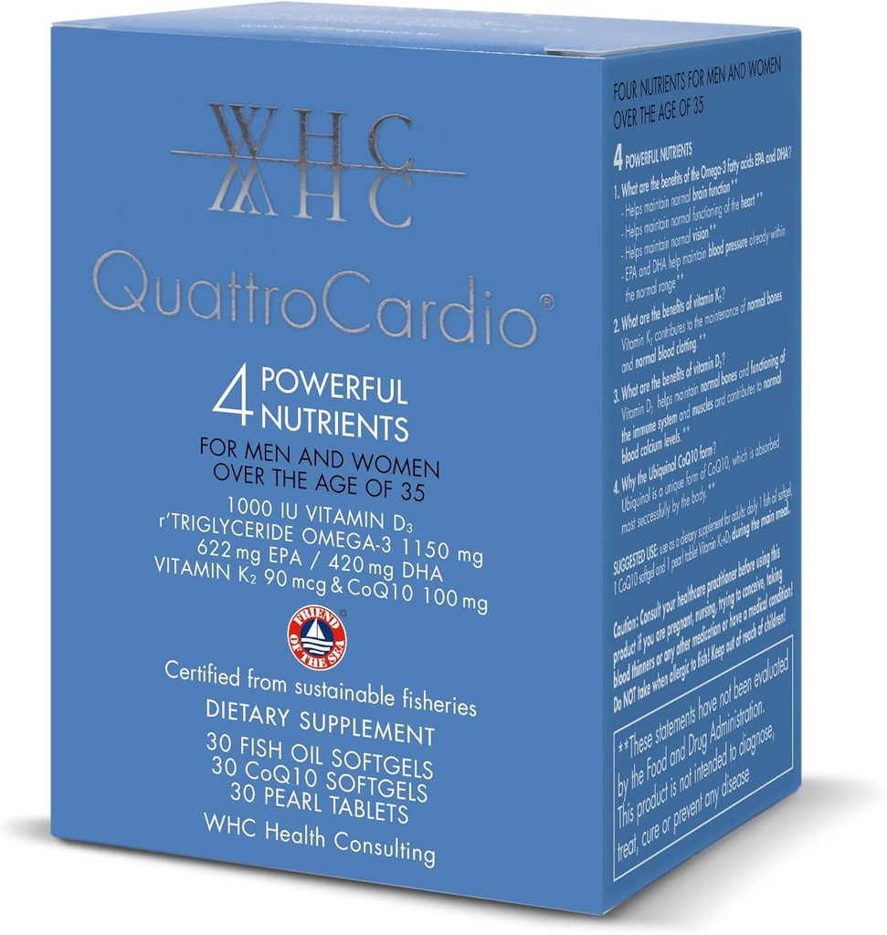 WHC QuattroCardio Omega-3 1200 mg, vitamin D3 1000 IE, EPA 600 mg, DHA 495 mg, vitamin K2 90 mcg, CoQ10 100 mg, Natural Orange, 30 Fish Oil Softgels, 30 CoQ10 Softgels & 30 Pearl Tablets Vitamin K2 + D3