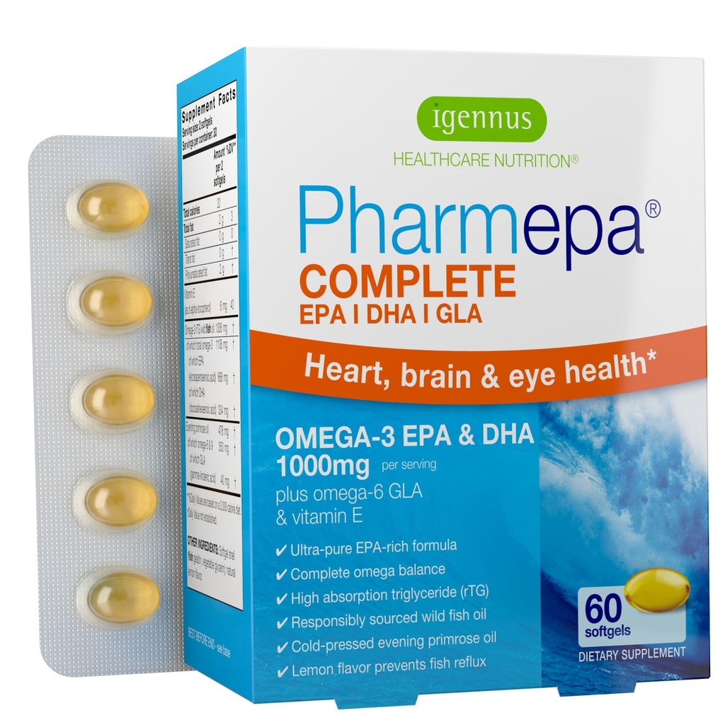 Igennus Pharmepa Complete EPA 668mg & DHA 334mg Omega-3 Fedtsyrer 1000mg, IFOS Certified, rTG Form, High Potence Fish Oil Plus Omega- 6 & 9 fra GLA Evening Primrose Oil, Lemon Flavor, 60 Softgels