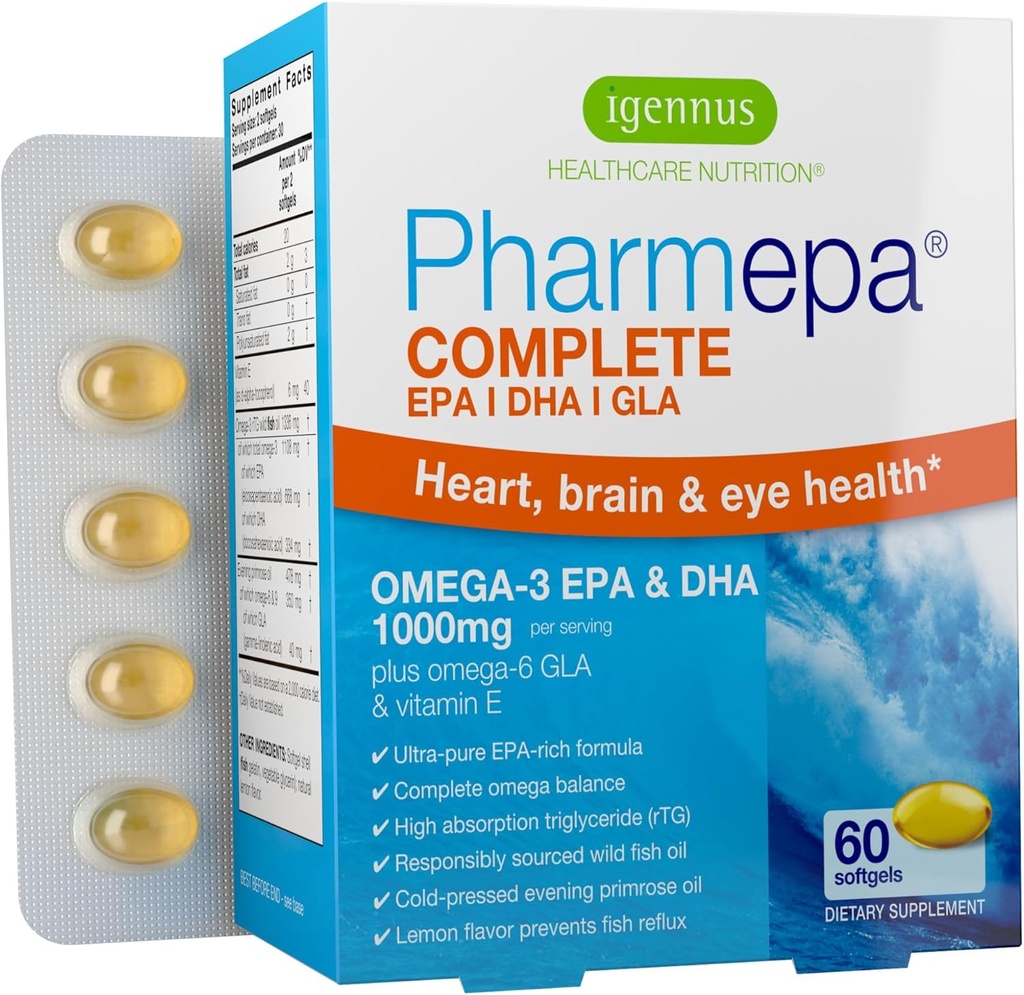 Igennus Pharmepa Complete EPA 668mg & DHA 334mg Omega-3 Fedtsyrer 1000mg, IFOS Certified, rTG Form, High Potence Fish Oil Plus Omega- 6 & 9 fra GLA Evening Primrose Oil, Lemon Flavor, 60 Softgels
