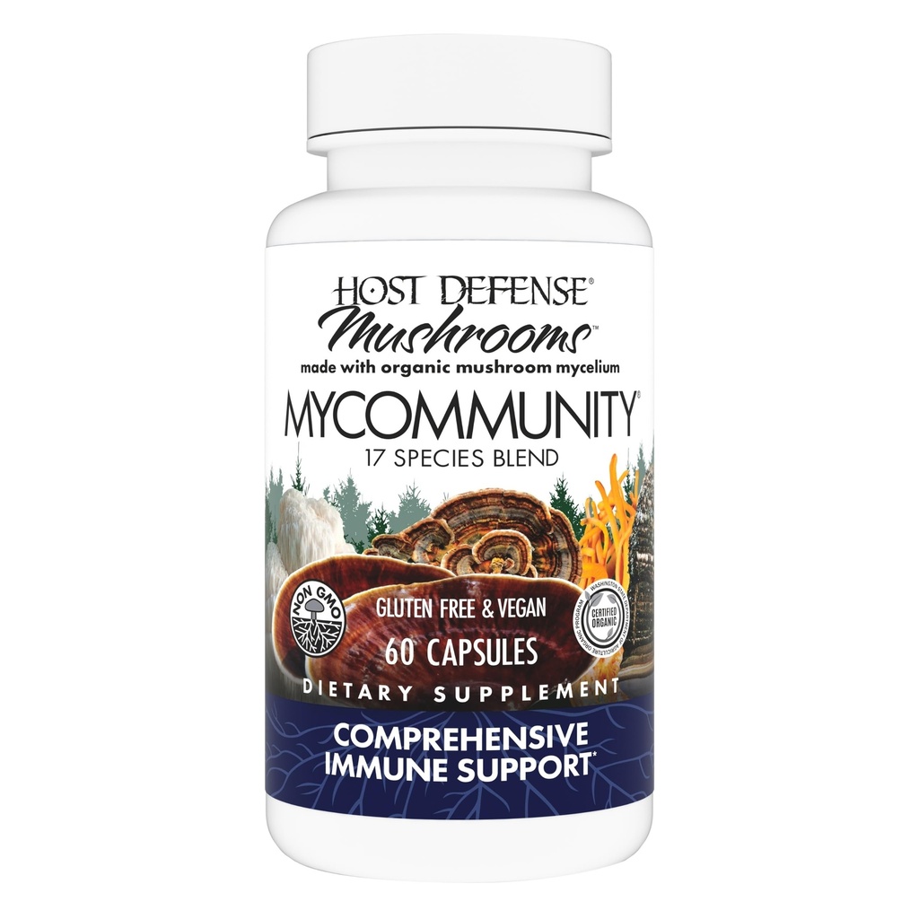 Værtsforsvar MyCommunity Kapsler - 17 Arter Blend Mushroom supplement til immunforsvar - Urtehjælp med løvens Mane, Reishi. Chaga, Cordyceps, Tyrkiet Hale & Mere - 60 kapsler (30 Servere) *
