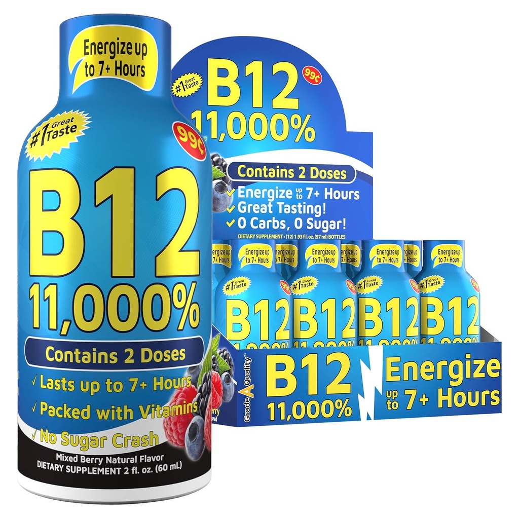 Vitamin Energy Shots, Blandet Berry Flavor, Op til 7 + Timer af energi, 1,93 Fl Oz, 12 Greve