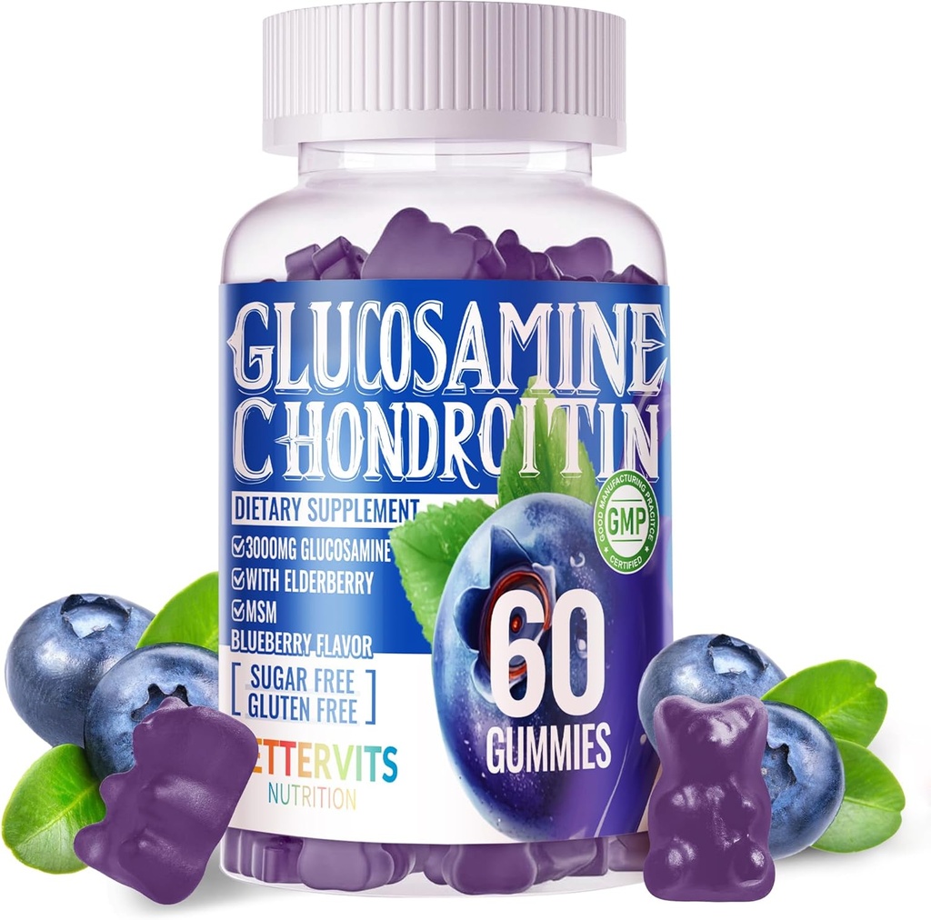 Glucosamin Chondroitin Gummies med MSM & Elderberry Extra Strength - Fælles støtte, Antioxidant immunforsvar supplement til voksne, Mænd & Women.60 Blueberry Gummies