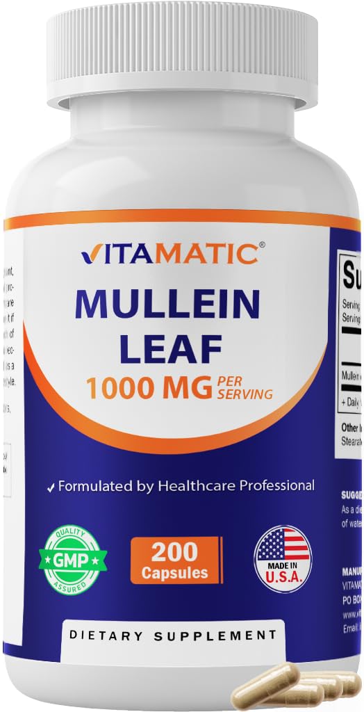 Vitamatic Mullein Leaf 1000mg per servering - Understøtter sunde luftveje, bronkial og immunfunktion - 200 kapsler