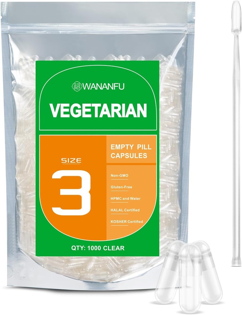wananfu størrelse 3 Tomme kapsler Vegetarisk (500 greve) Bundle med 2 Micro Lab skeer, Clear Fillable Veggie piller kapsler størrelse 3 til at lave dine egne kosttilskud