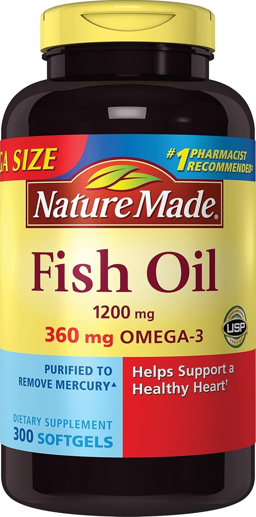 Nature Made 1200mg Fish Oil, 2400 per servering, 360mg Omega-3, 300 Softgels, 300 Count (pakke med 1)