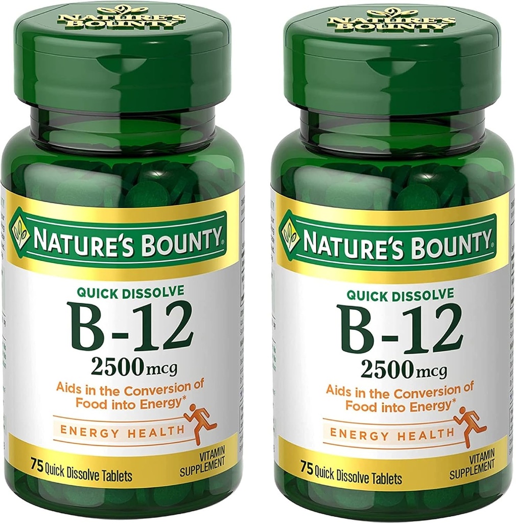 Nature 's Bounty Vitamin B12 2500 mcg, Cellular Energy Support, for Energy Metabolisme, Heart & Nervesystemet Sundhed, 75 Quick Dissoll Tablets (pakke med 2)