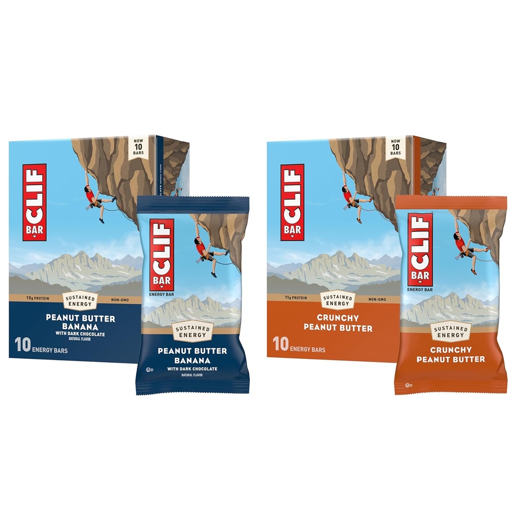 CLIF BAR - Energy Protein Bars - Crunchy Peanut Butter and Peanut Butter Banana med mørk chokolade - Variety Pack - Lavet med Økologisk Havre - Energy Bars - Ikke-GMO - (20 Pack)